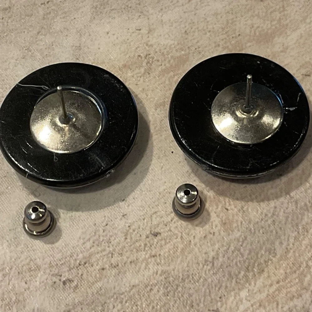 Vintage Black Button Pierced Earrings Wave Design 1” diameter